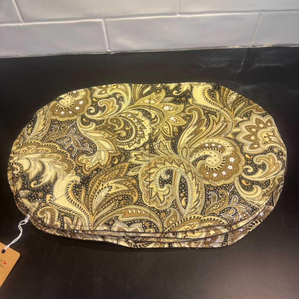 Handmade Placemat Set Home 17x12 Gold Brown Paisley Quilted Oval 4pc